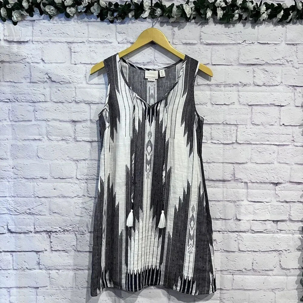 Cynthia‎ Rowley Shift Dress Womens Blue White Linen Bohemian